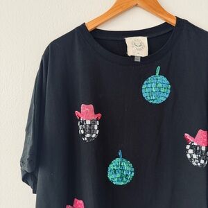 Fantastic Fawn Western Disco Ball Cowgirl Sequin Top Short Sleeve Black Shirt